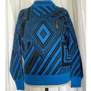 🌹SOLD🌹Vintage 90s Blue/Black Asymmetrical Print Sweater w/Genuine Leather